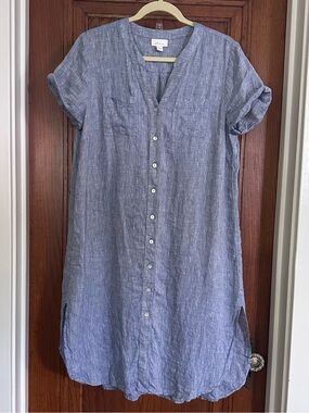 J.Jill Love Linen Blue Button Front Shirt Dress M Petite Chambray Midi